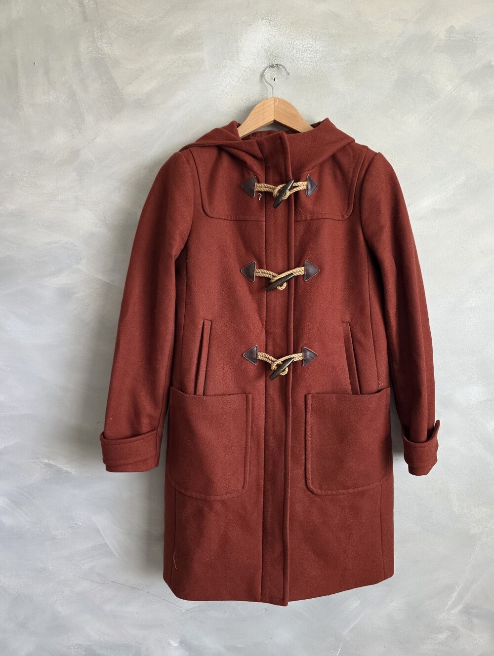 J. Crew Women's Rust Italian Melton Wool Hooded Duffle Coat Sz 4 Wooden Toggle